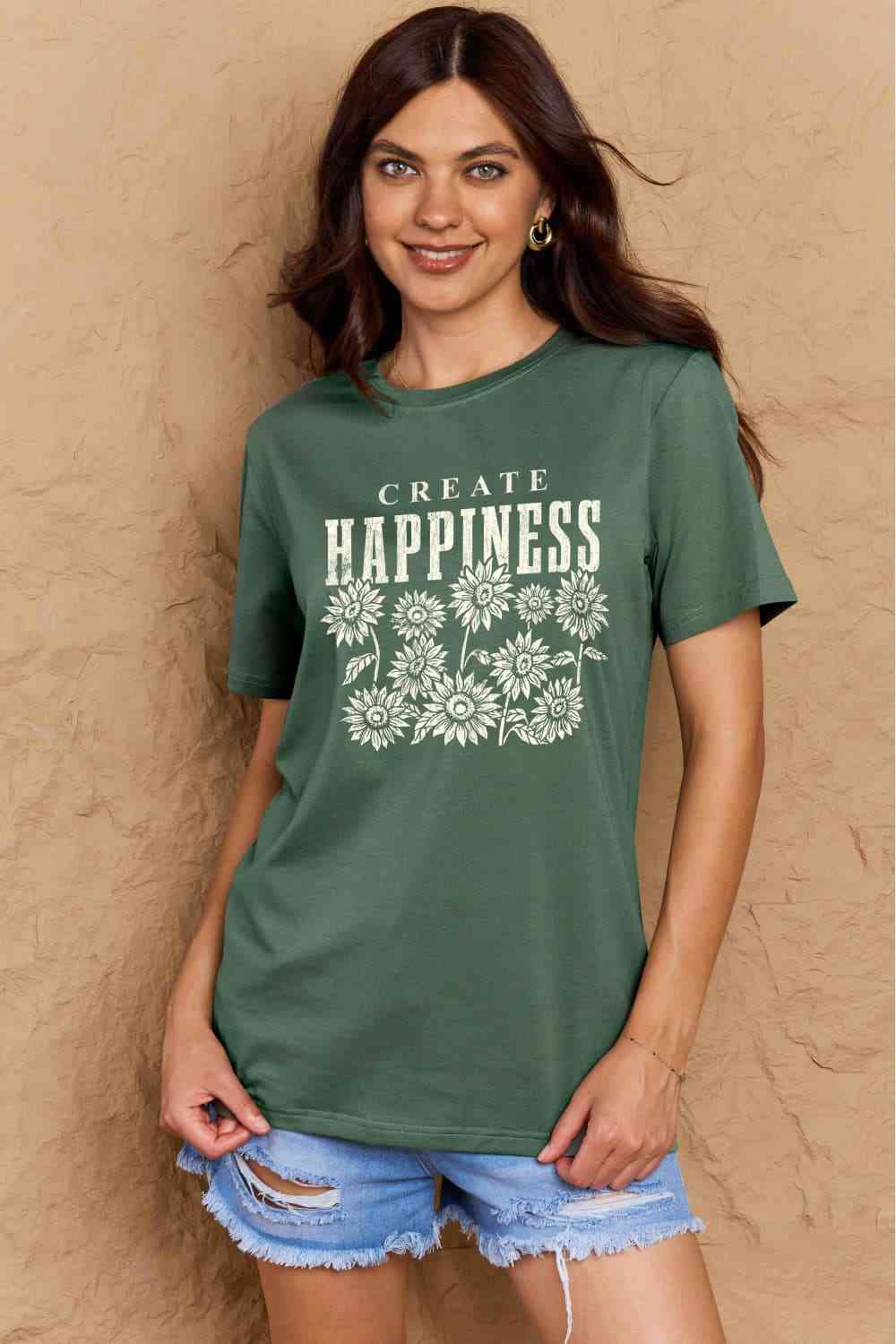 Simply Love Full Size CREATE HAPPINESS Graphic Cotton T-Shirt Green