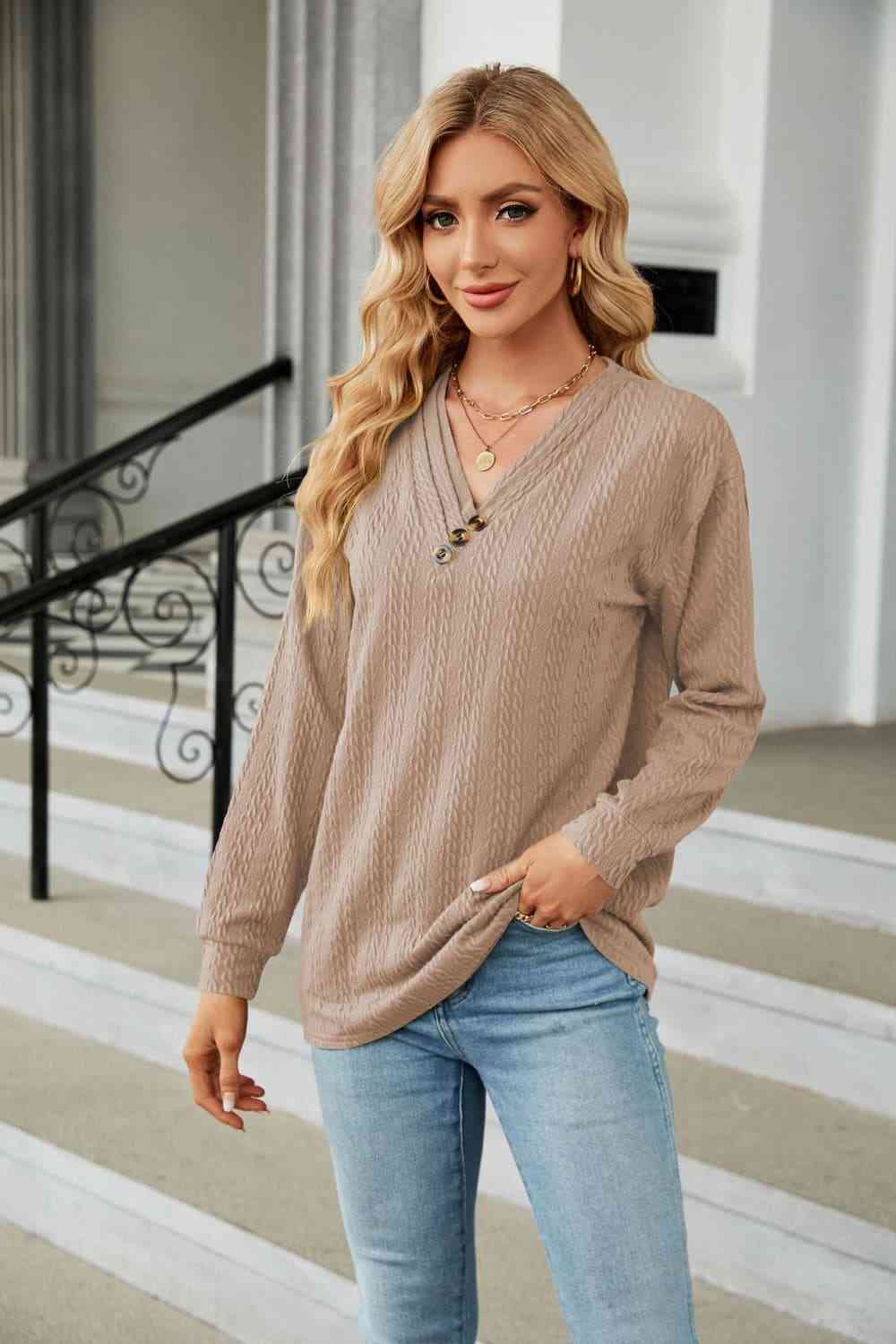 Decorative Button V-Neck Long Sleeve T-Shirt Camel