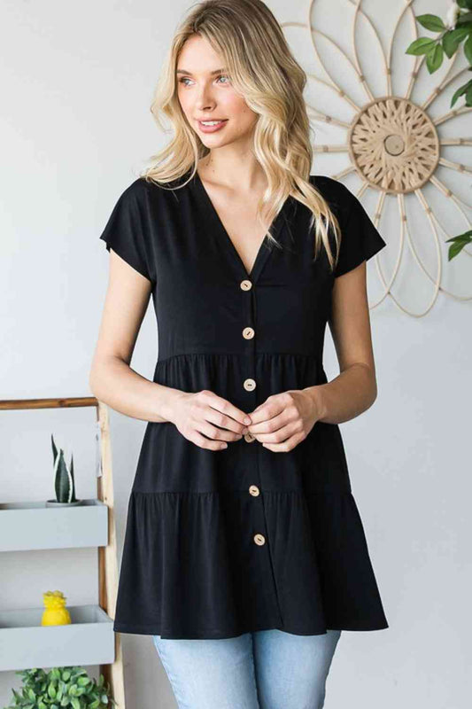 Heimish Full Size Buttoned V-Neck Tiered Top Black