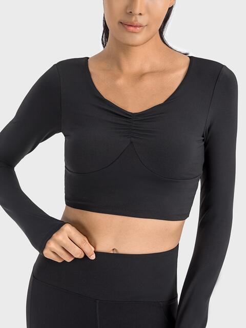 Ruched Cropped Long Sleeve Sports Top Black