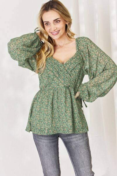 HEYSON Full Size Floral Surplice Peplum Blouse SHAMROCK GREEN