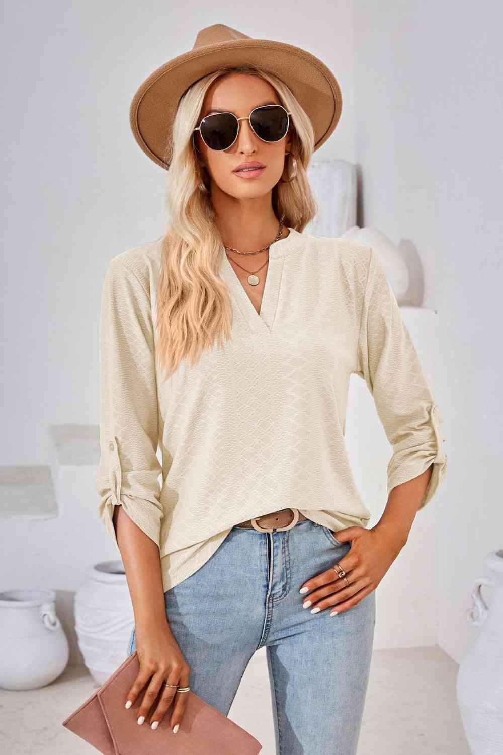 V-Neck Roll-Tap Sleeve Blouse Ivory