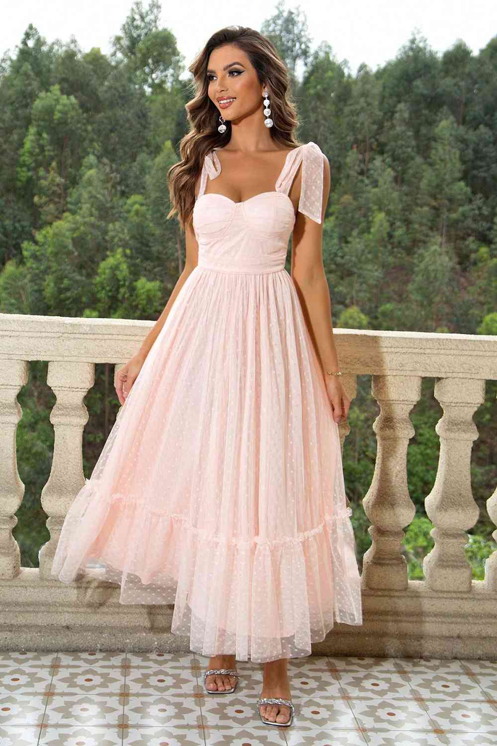 Tie-Shoulder Sweetheart Neck Dress Blush Pink