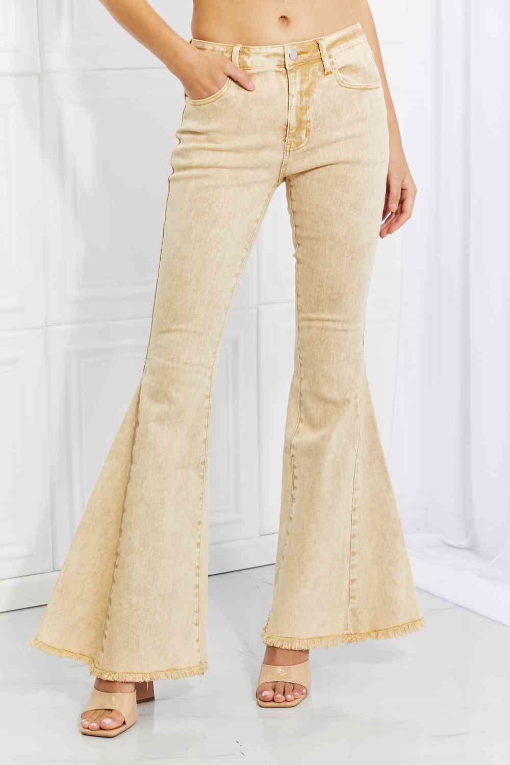 Color Theory Flip Side Fray Hem Bell Bottom Jeans in Yellow Pastel Yellow