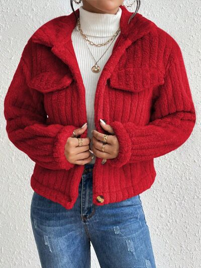 Fuzzy Button Up Collared Neck Jacket Deep Red