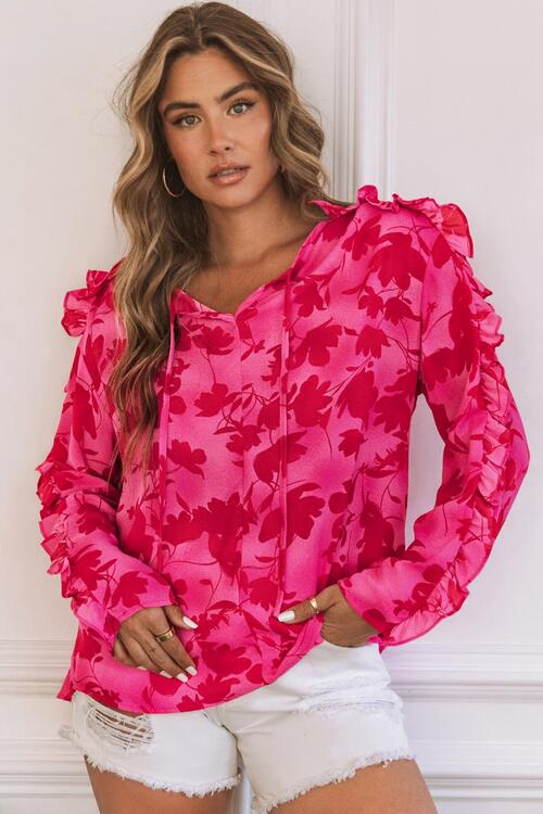 Floral Tie Neck Ruffle Trim Blouse Hot Pink