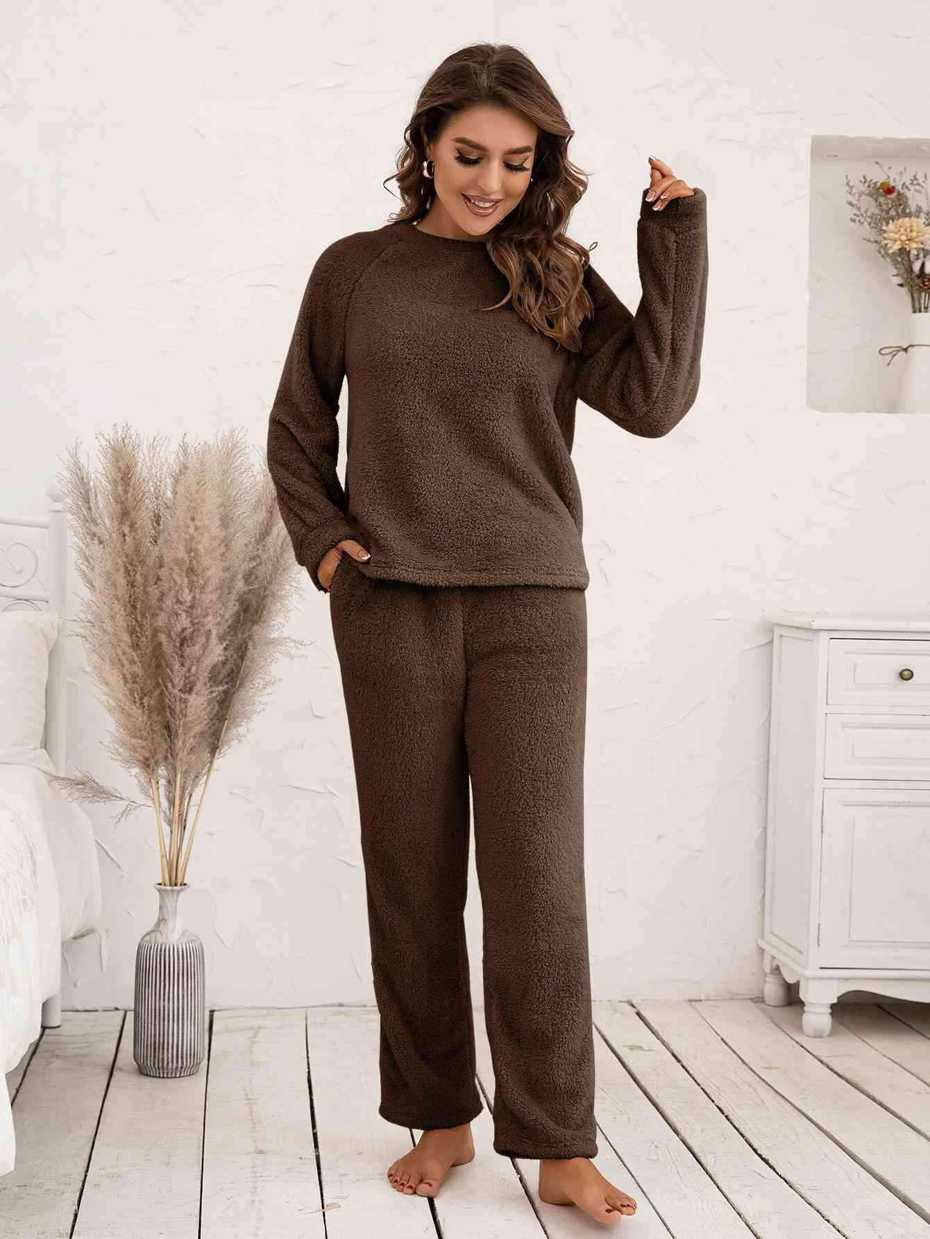 Teddy Long Sleeve Top and Pants Lounge Set Chocolate