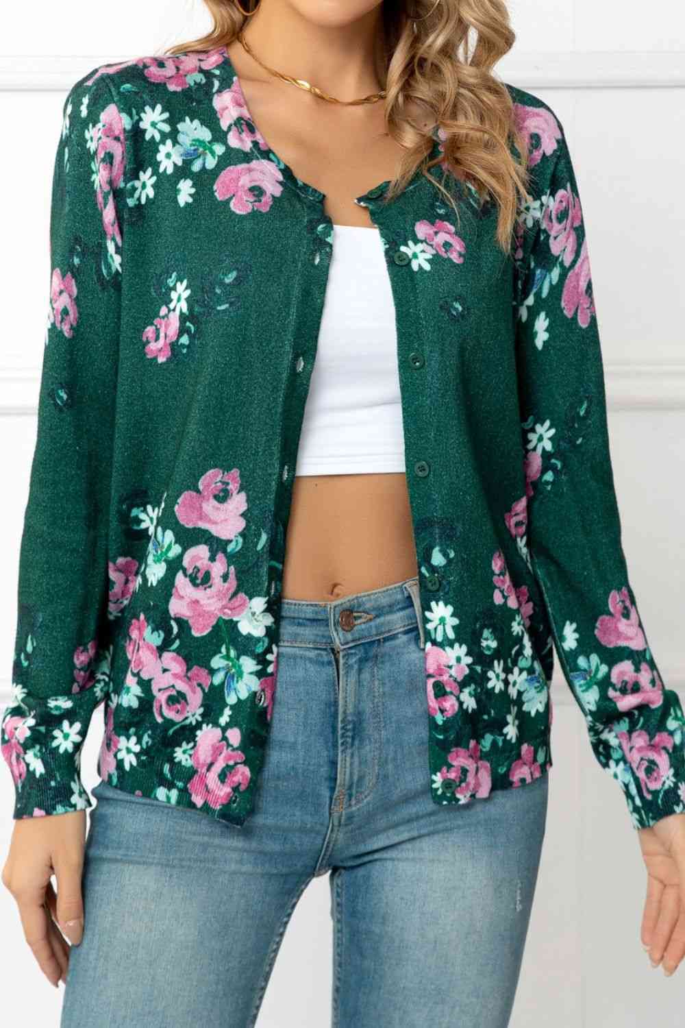 Woven Right Floral Button Front Round Neck Cardigan Forest