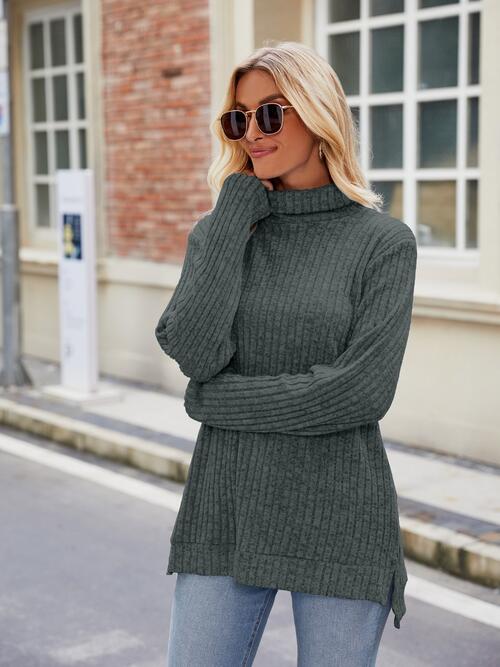 Ribbed Turtleneck Long Sleeve Slit Knit Top Army Green