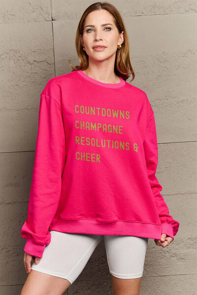 Simply Love Full Size COUNTDOWNS CHAMPAGNE RESOLUTIONS & CHEER Round Neck Sweatshirt Deep Rose