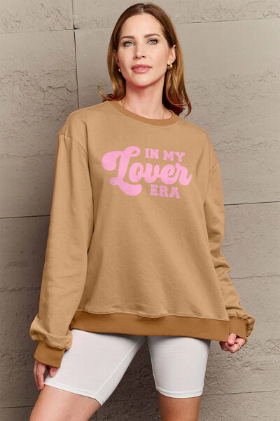 Simply Love Full Size IN MY LOVER ERA Round Neck Sweatshirt Camel