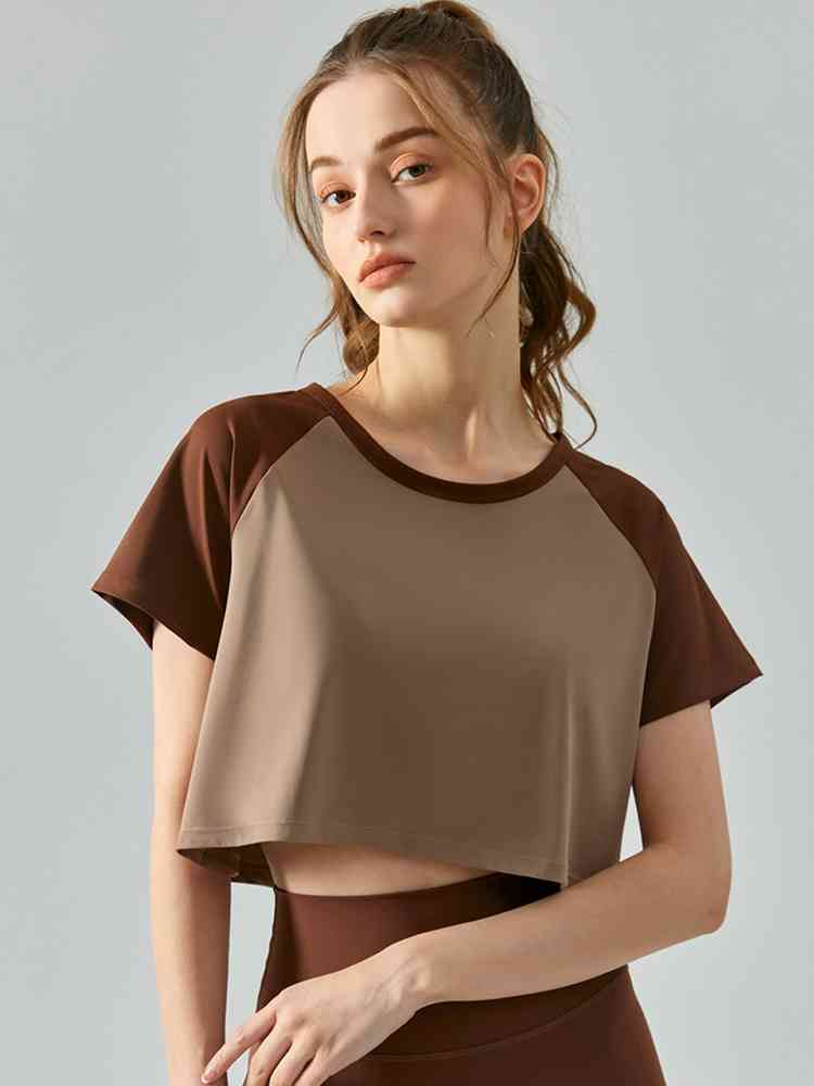 Round Neck Raglan Sleeve Cropped Sports Top Camel