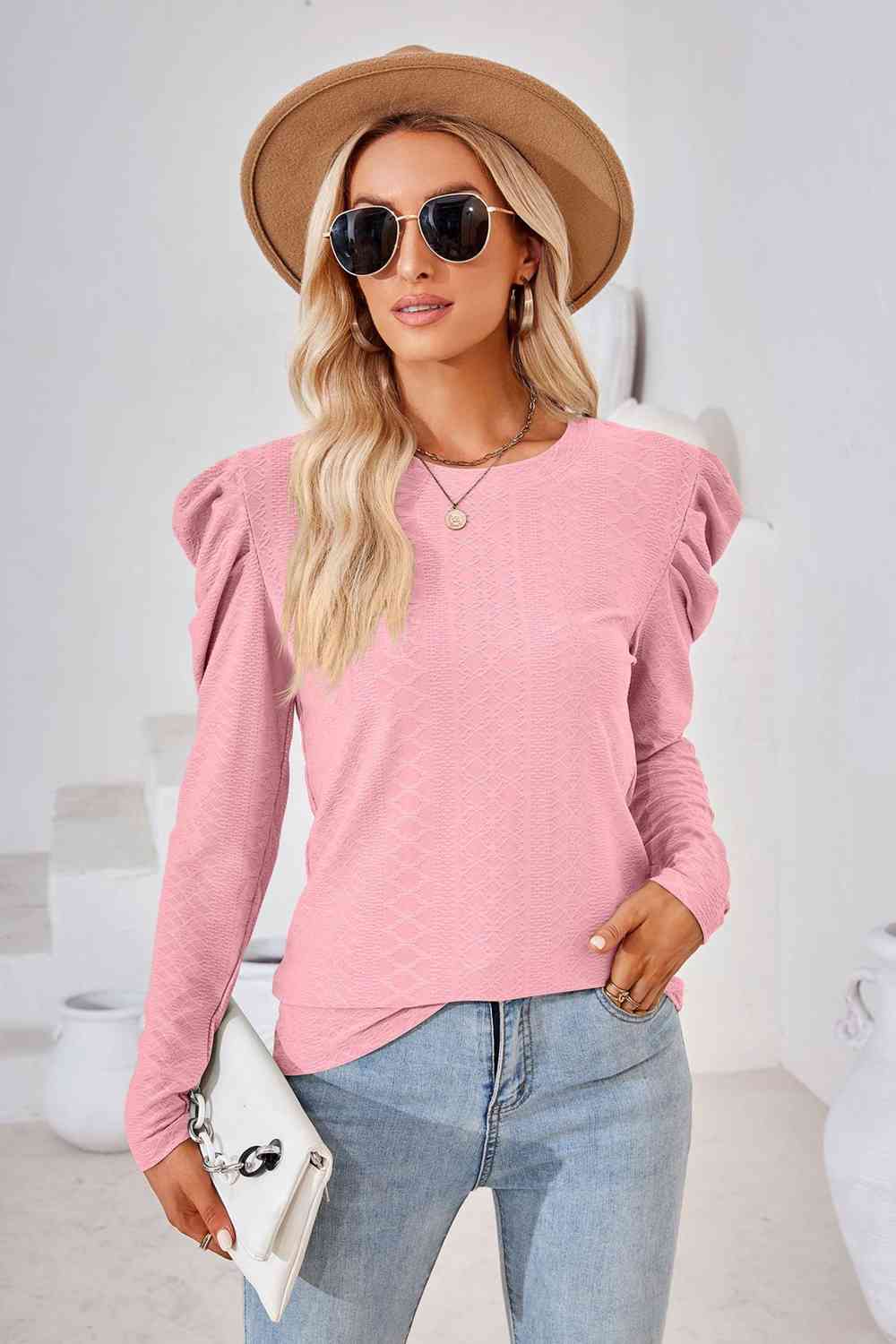 Round Neck Puff Sleeve Blouse Carnation Pink