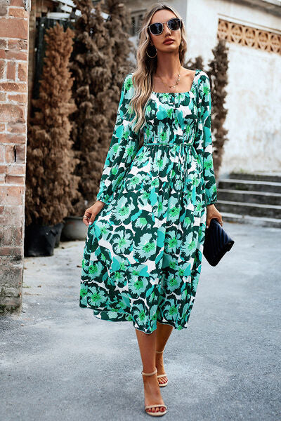 Printed Balloon Sleeve Pocketed Midi Dress Mint Green