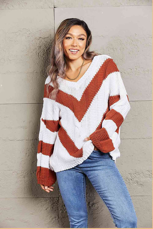 Woven Right Chevron Cable-Knit V-Neck Tunic Sweater Brown
