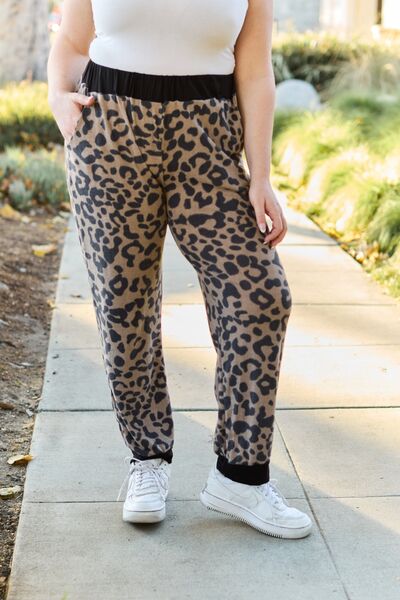 Celeste Design Full Size Leopard Contrast Sweatpants Mocha Leopard