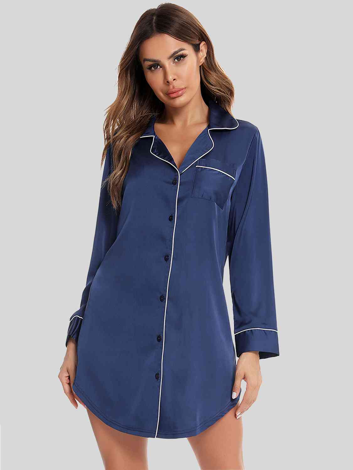 Button Up Lapel Collar Night Dress with Pocket Peacock Blue