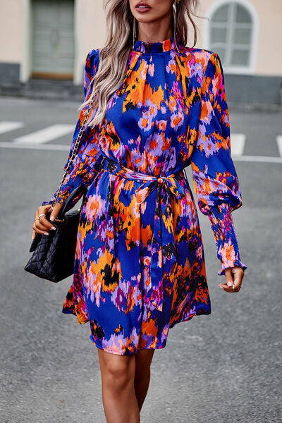 Printed Tie Waist Mock Neck Lantern Sleeve Dress Royal Blue