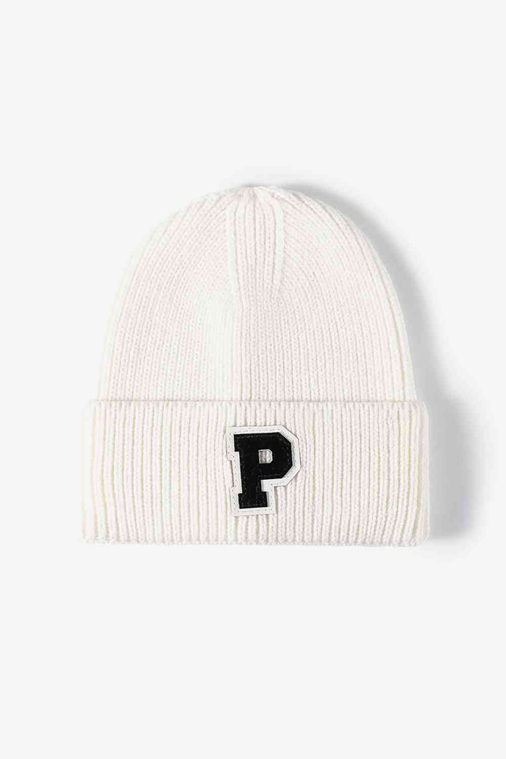 Letter Patch Cuffed Knit Beanie White One Size