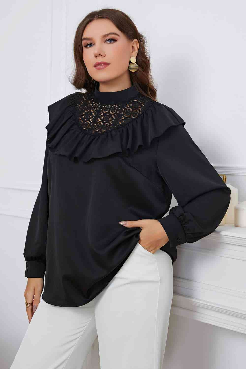 Melo Apparel Plus Size Ruffle Trim Mock Neck Blouse Black