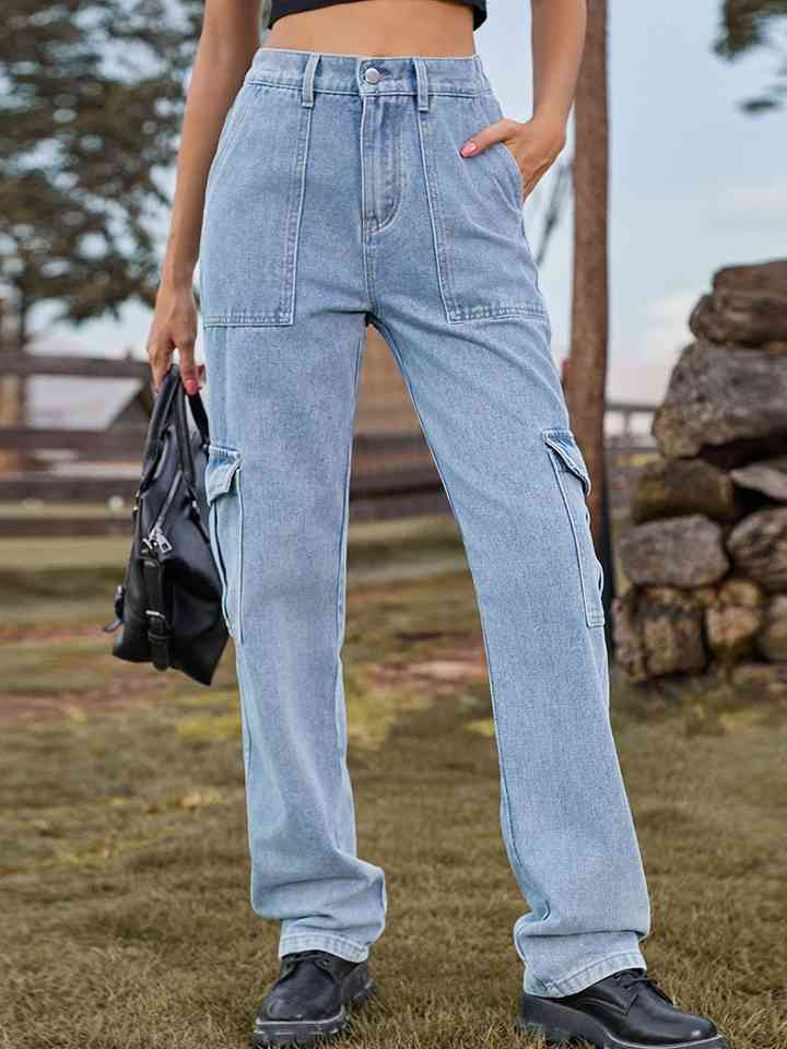 Pocketed Long Jeans Misty Blue