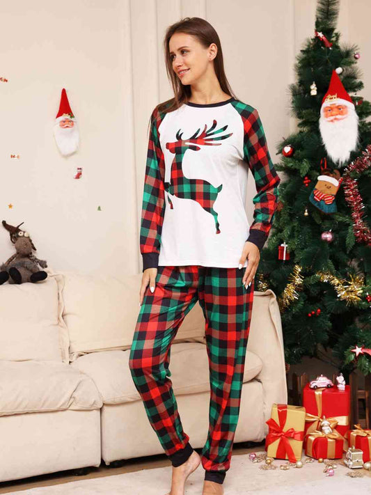 Full Size Reindeer Graphic Top and Plaid Pants Set Plaid