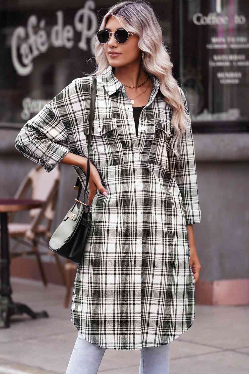 Double Take Plaid Button-Up Longline Shacket with Breast Pockets