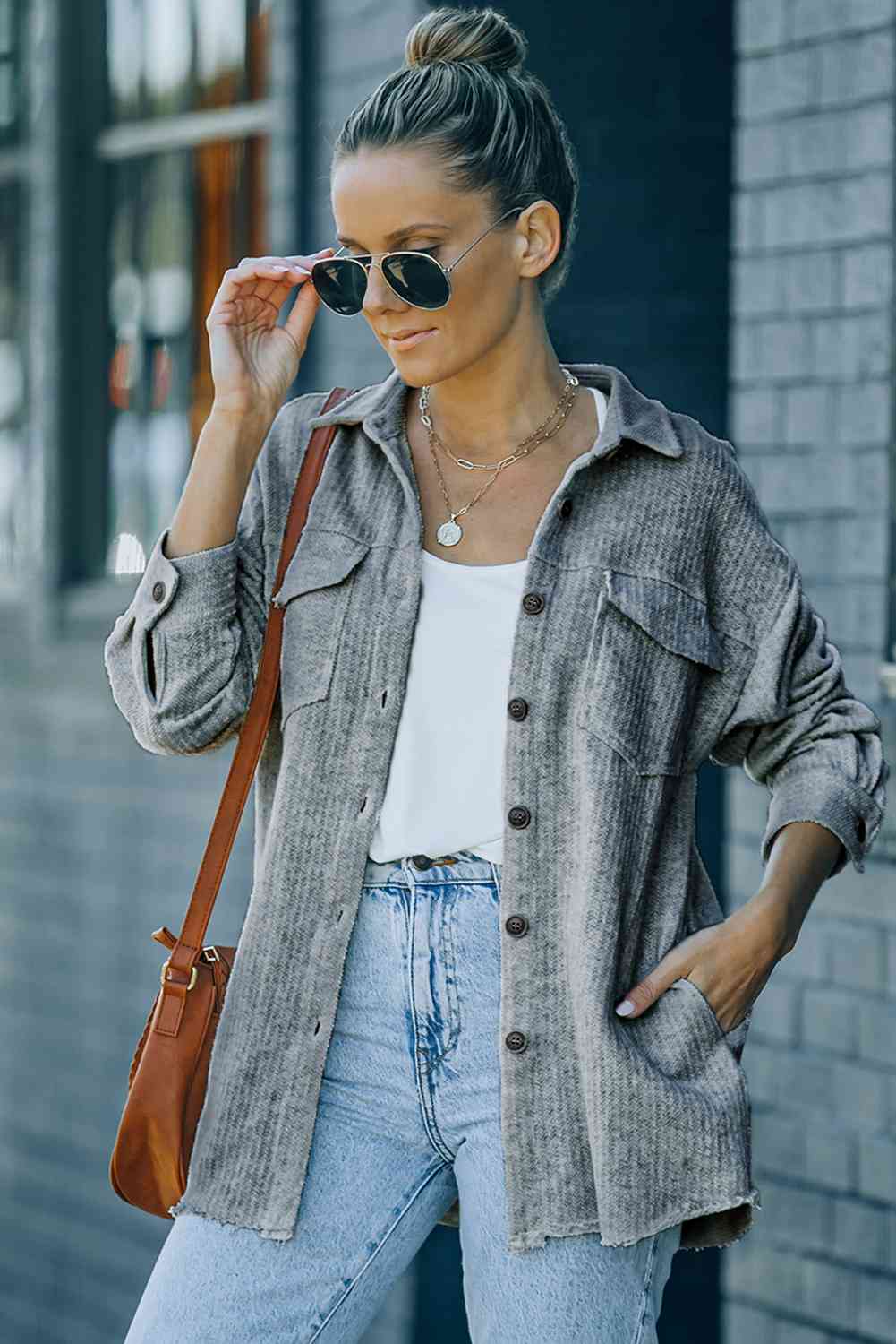 Textured Button Down Shirt Jacket with Pockets