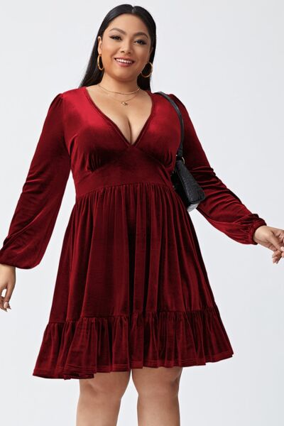 Plus Size Plunge Long Sleeve Mini Dress Wine