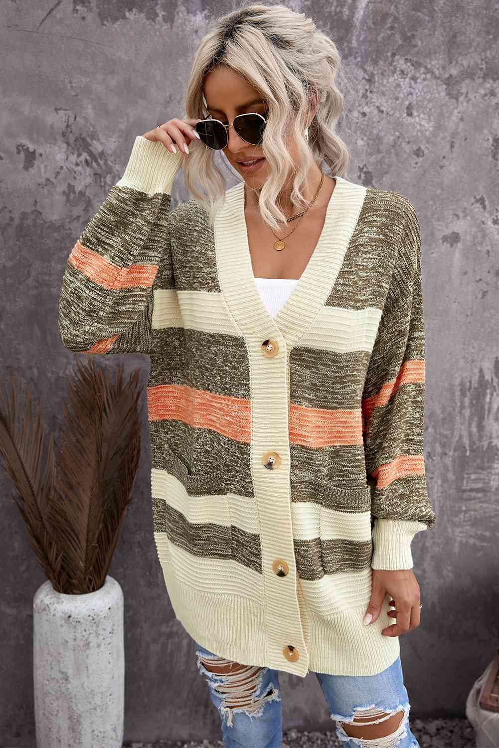 Woven Right Striped Button Down Longline Cardigan with Pockets Multi