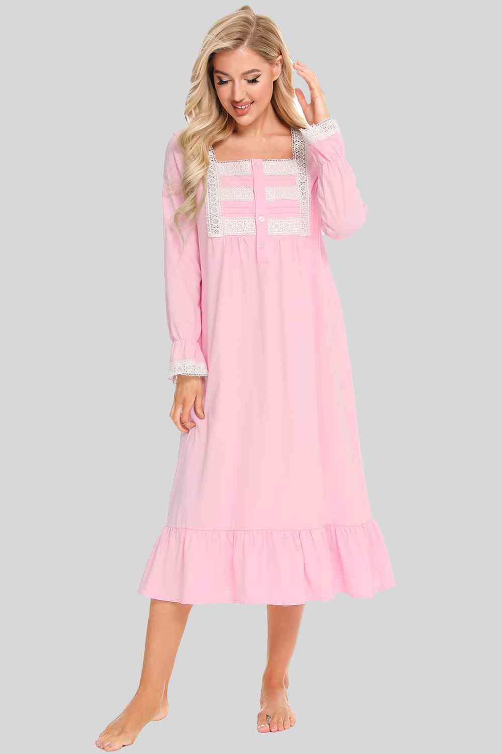 Lace Detail Square Neck Flounce Sleeve Night Dress Dusty Pink