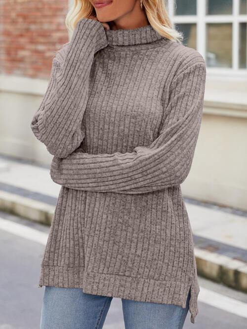 Ribbed Turtleneck Long Sleeve Slit Knit Top Mocha