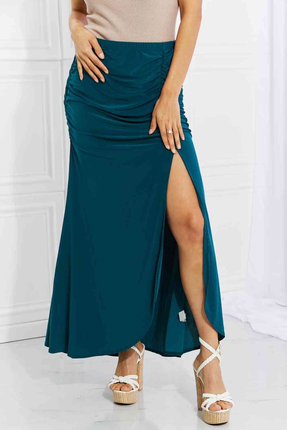 White Birch Full Size Up and Up Ruched Slit Maxi Skirt in Teal Teal