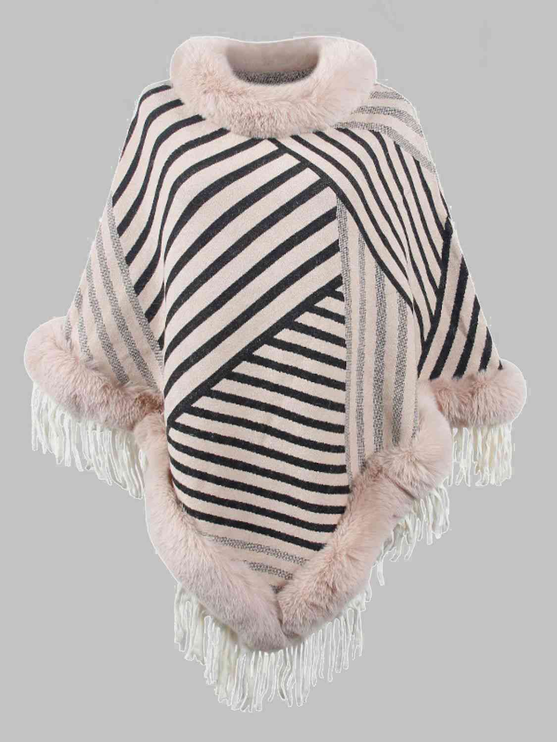 Striped Fringe Hem Poncho Dust Storm One Size