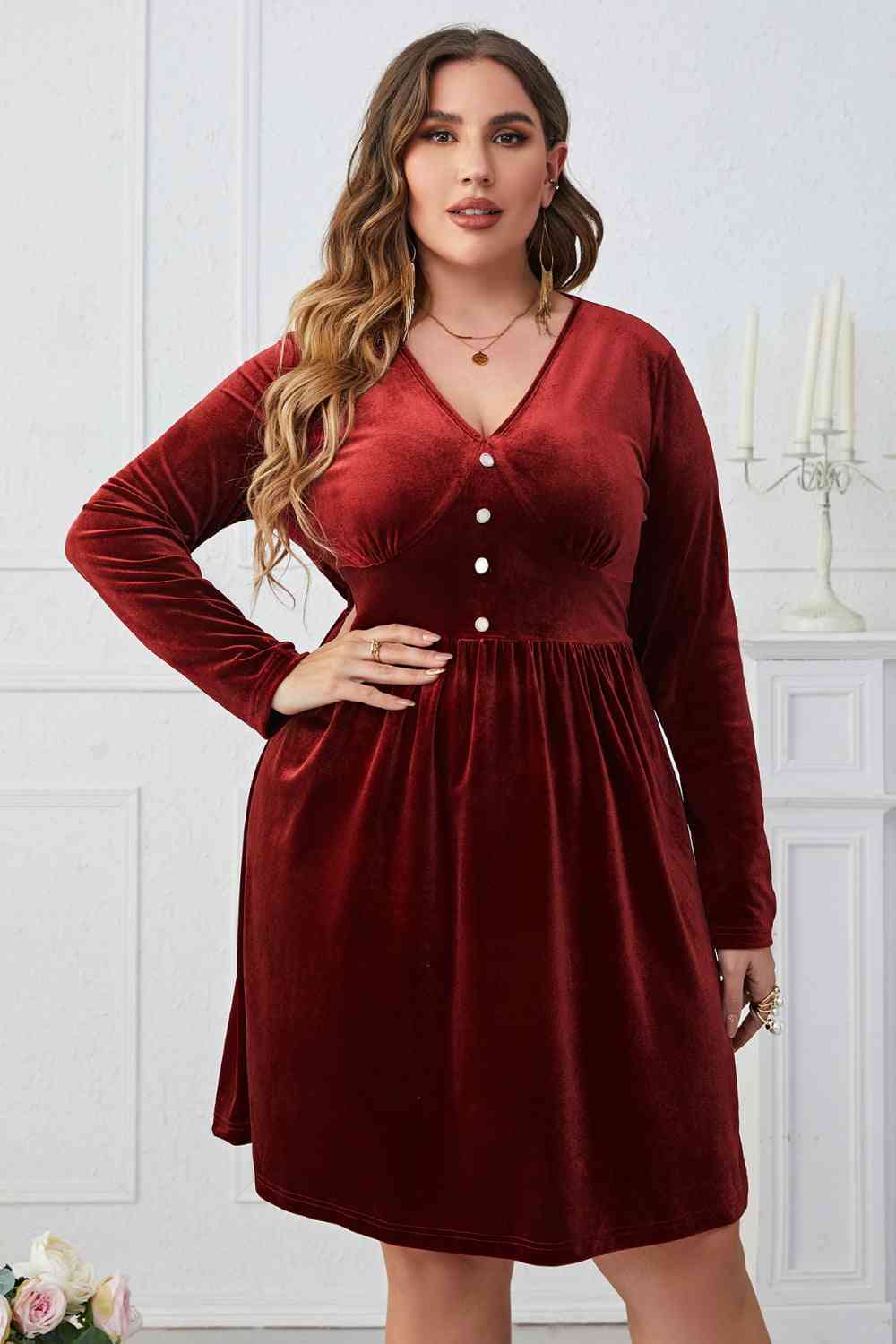 Melo Apparel Plus Size V-Neck Decorative Button Knee Length Dress Deep Red