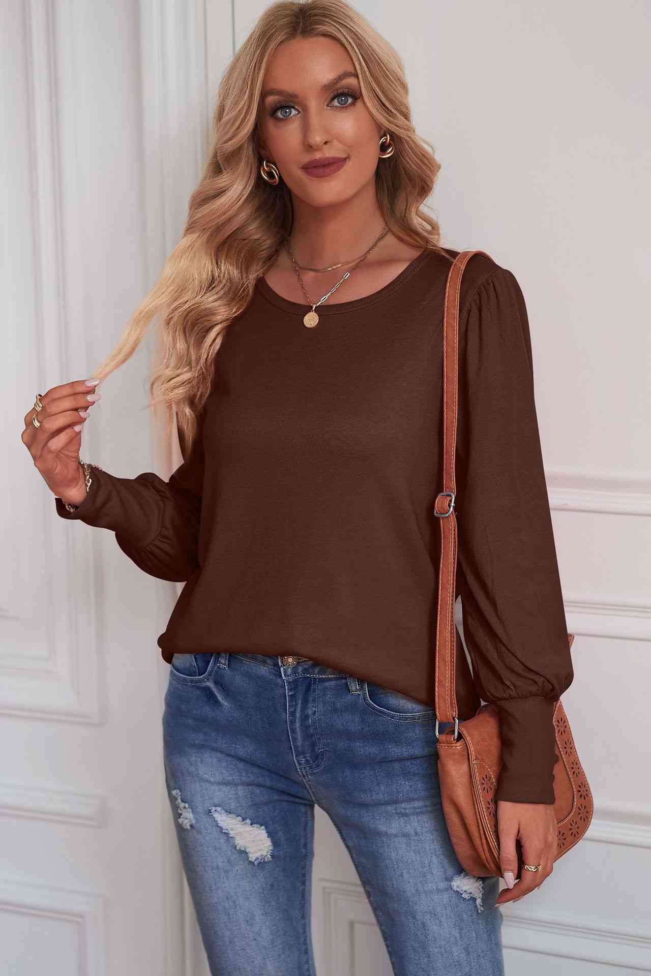 Round Neck Puff Sleeve T-Shirt Chestnut