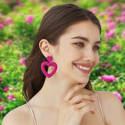 Bead Stainless Steel Heart Dangle Earrings Hot Pink One Size