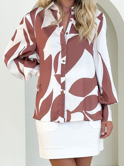 Printed Button Up Lantern Sleeve Shirt