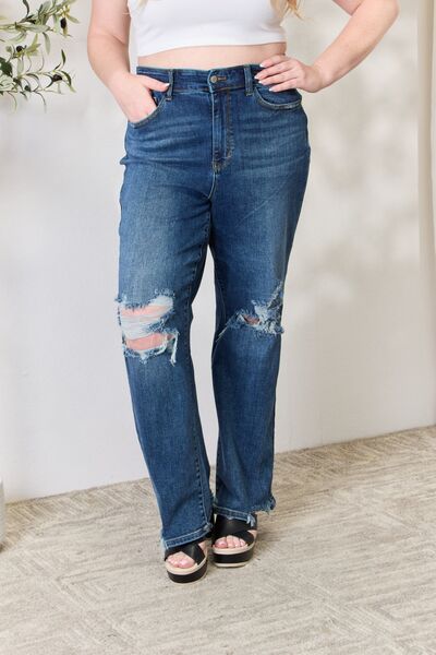 Judy Blue Full Size High Waist 90's Distressed Straight Jeans Dark