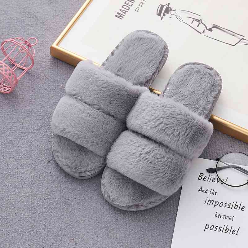 Faux Fur Double Strap Slippers Charcoal