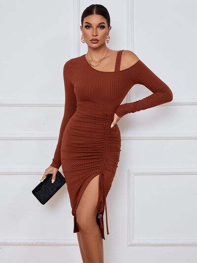 Ribbed Ruched Drawstring Wrap Dress Caramel