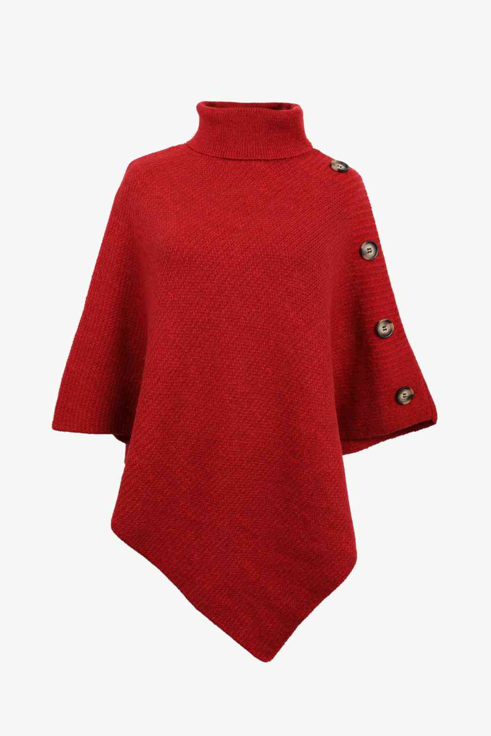 Turtleneck Buttoned Poncho Deep Red One Size