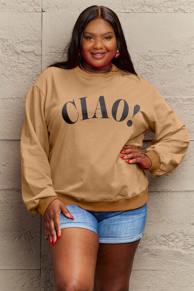 Simply Love Full Size CIAO！Round Neck Sweatshirt Camel