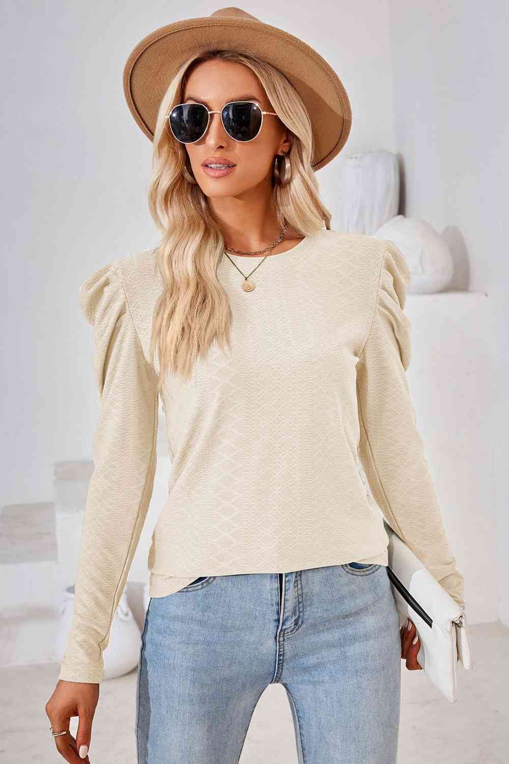 Round Neck Puff Sleeve Blouse Sand