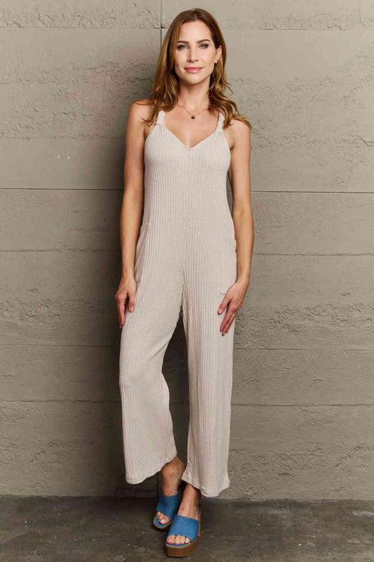 HEYSON Don't Get It Twisted Full Size Rib Knit Jumpsuit Beige