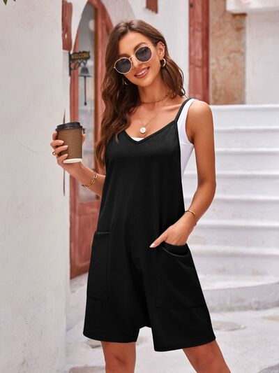 Spaghetti Strap Romper with Pockets Black