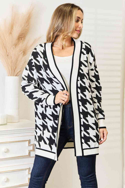 Woven Right Houndstooth Open Front Longline Cardigan Black