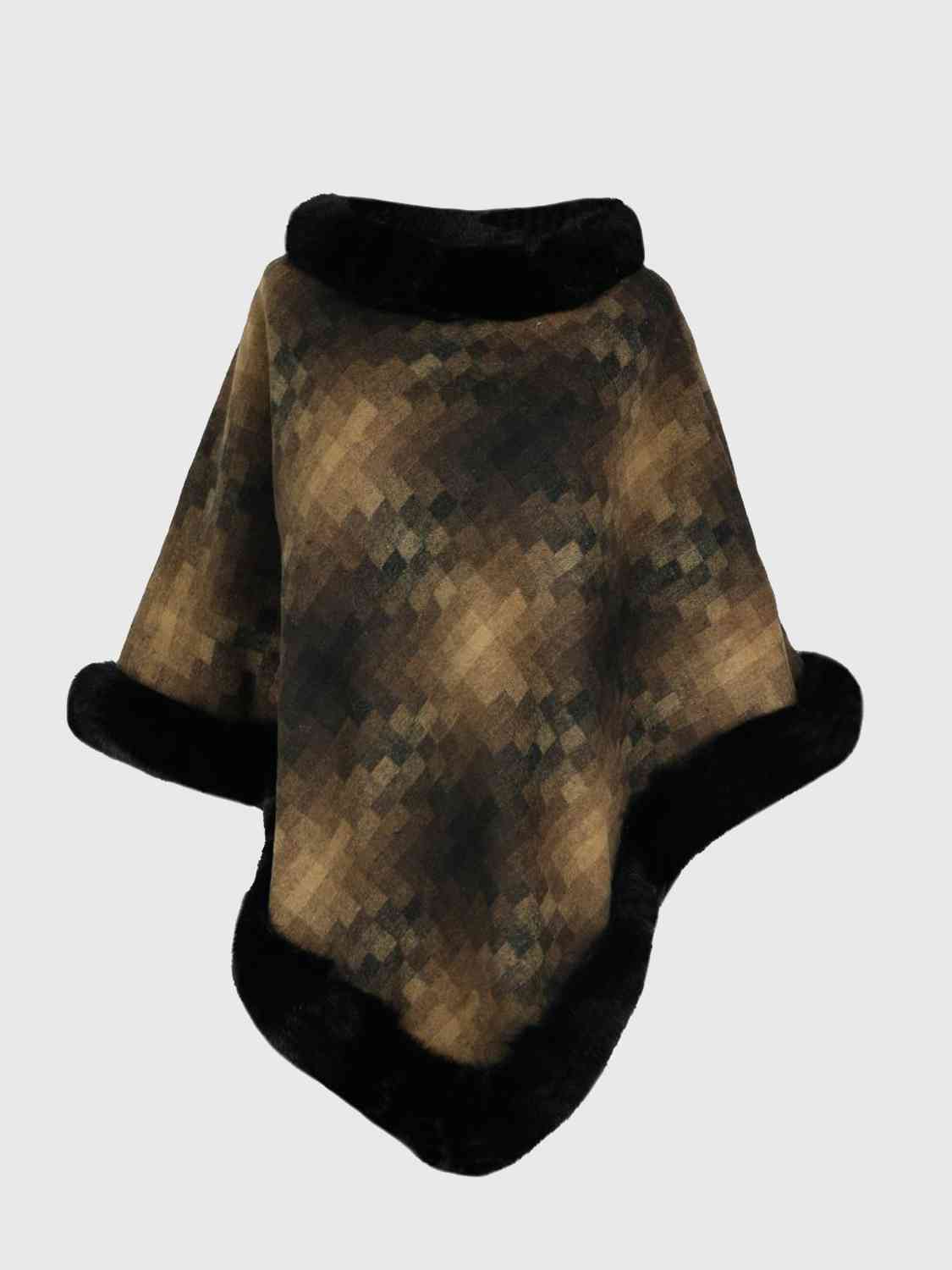 Faux Fur Trim Poncho Khaki One Size
