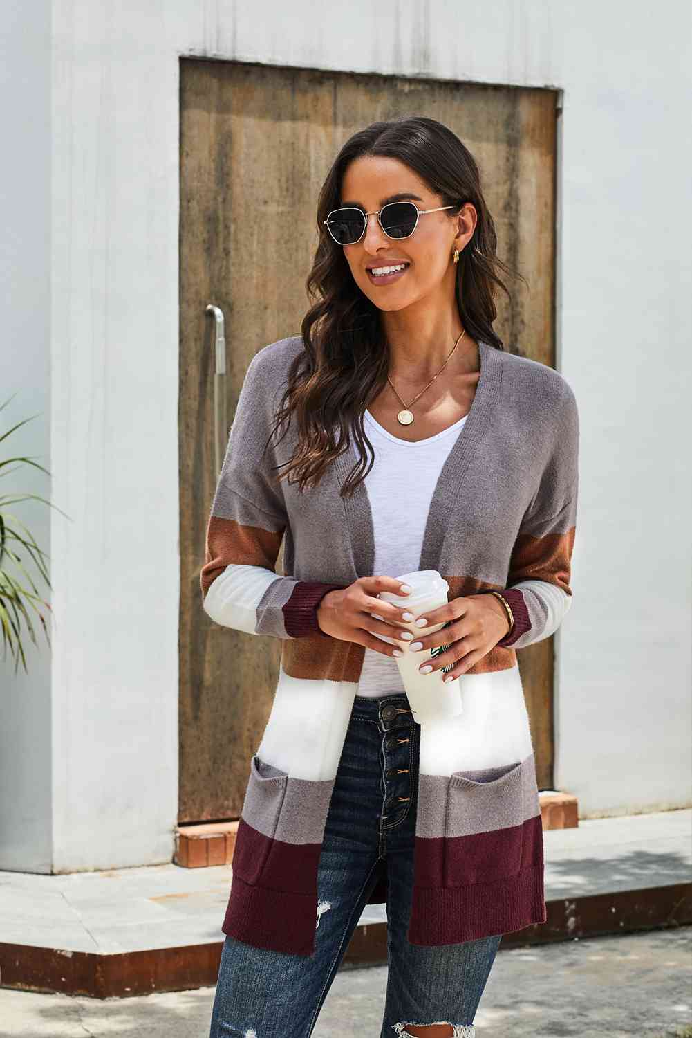 Woven Right Color Block Open Front Ribbed Cuff Cardigan with Pockets Mocha