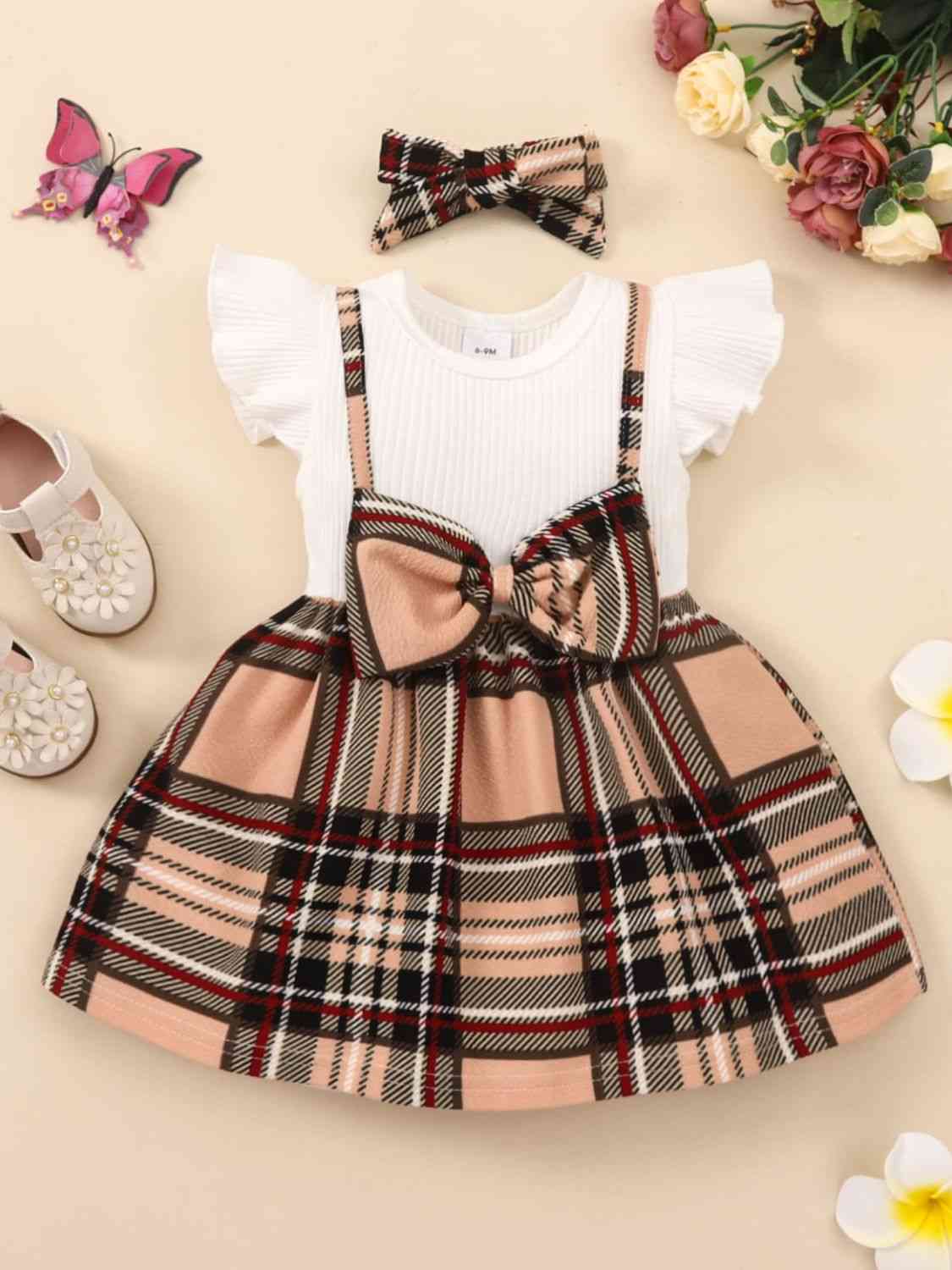 Girls Plaid Bow Detail Ribbed Dress Multi